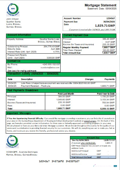 Download Guinea Bissau Banco da Uniao bank mortgage statement scr Photoshop template